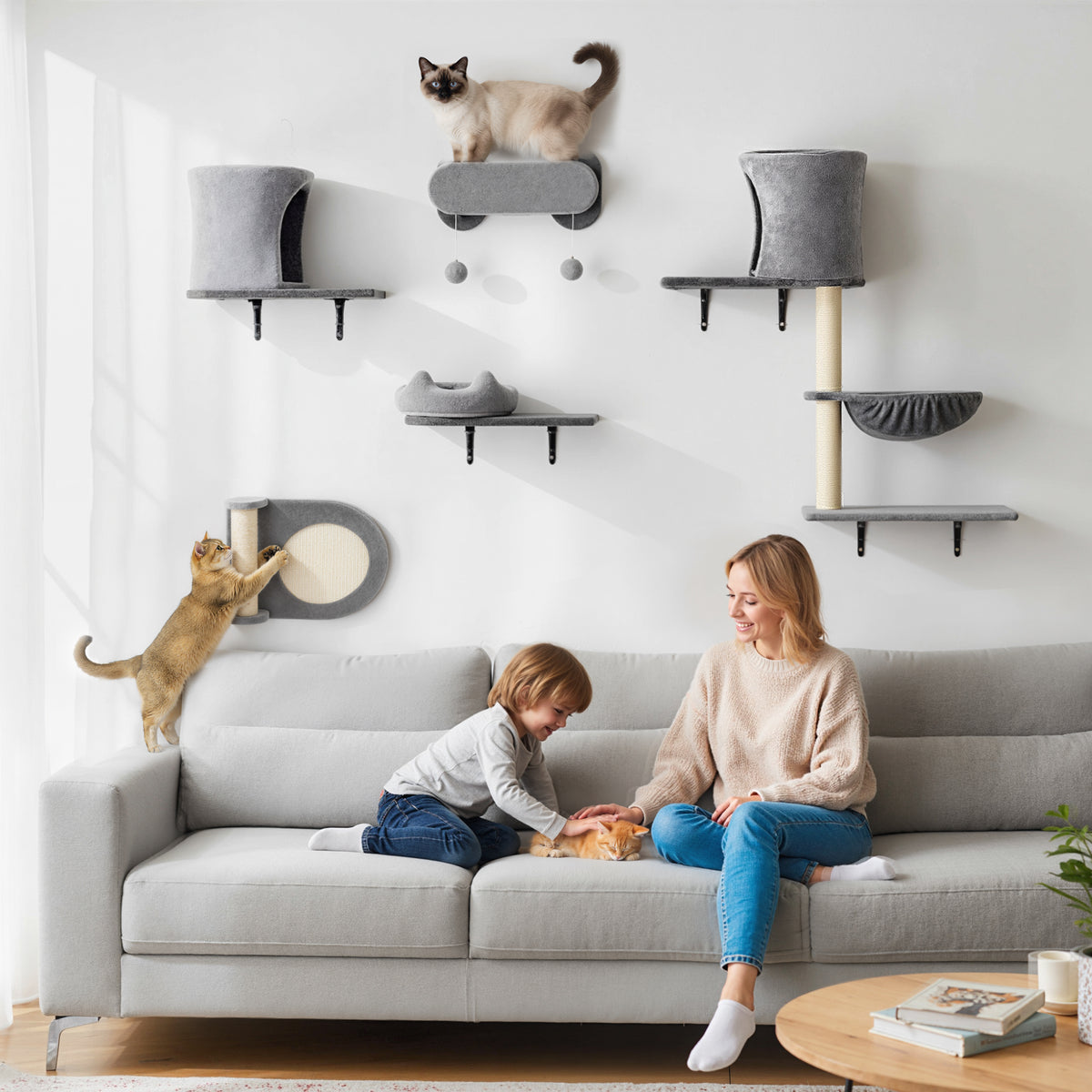 Étagères murales pour chat arbre à chat mural 5 pièces 2 niches hamac plateformes griffoirs en sisal gris-1