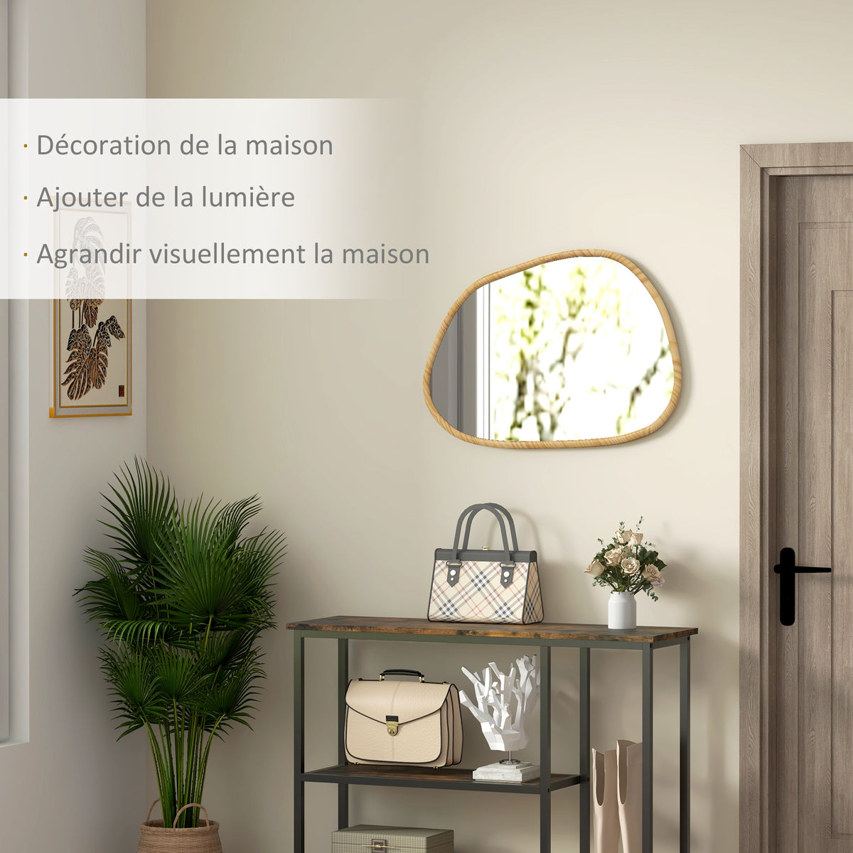 Miroir mural miroir décoratif forme organique avec cadre en bois horizontal ou vertical 80 x 60 cm naturel-3