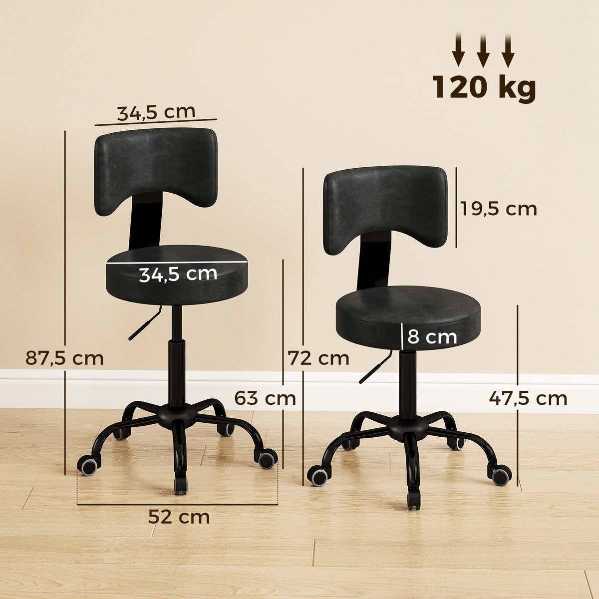 Tabouret à Roulettes, Hauteur Réglable 72-87,5cm, Tabouret de Massage Assise et Dossier Rembourrés, Pivotant 360°, Noir-2