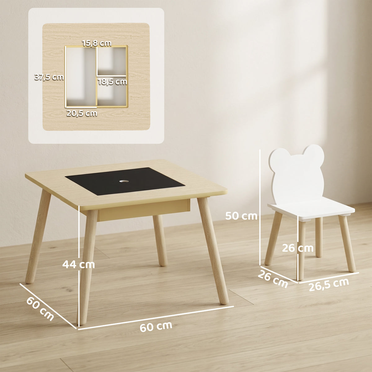 Ensemble 1 table et 2 chaise 3 pièces pour enfants avec plateau réversible espace de rangement bois naturel-2