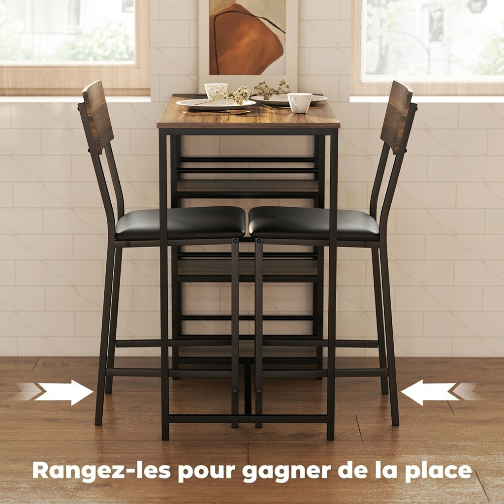 Ensemble Table de Bar avec 2 Tabourets, Table Haute de Cuisine et 2 Chaises de Bar Rembourrées PU, Noyer-5