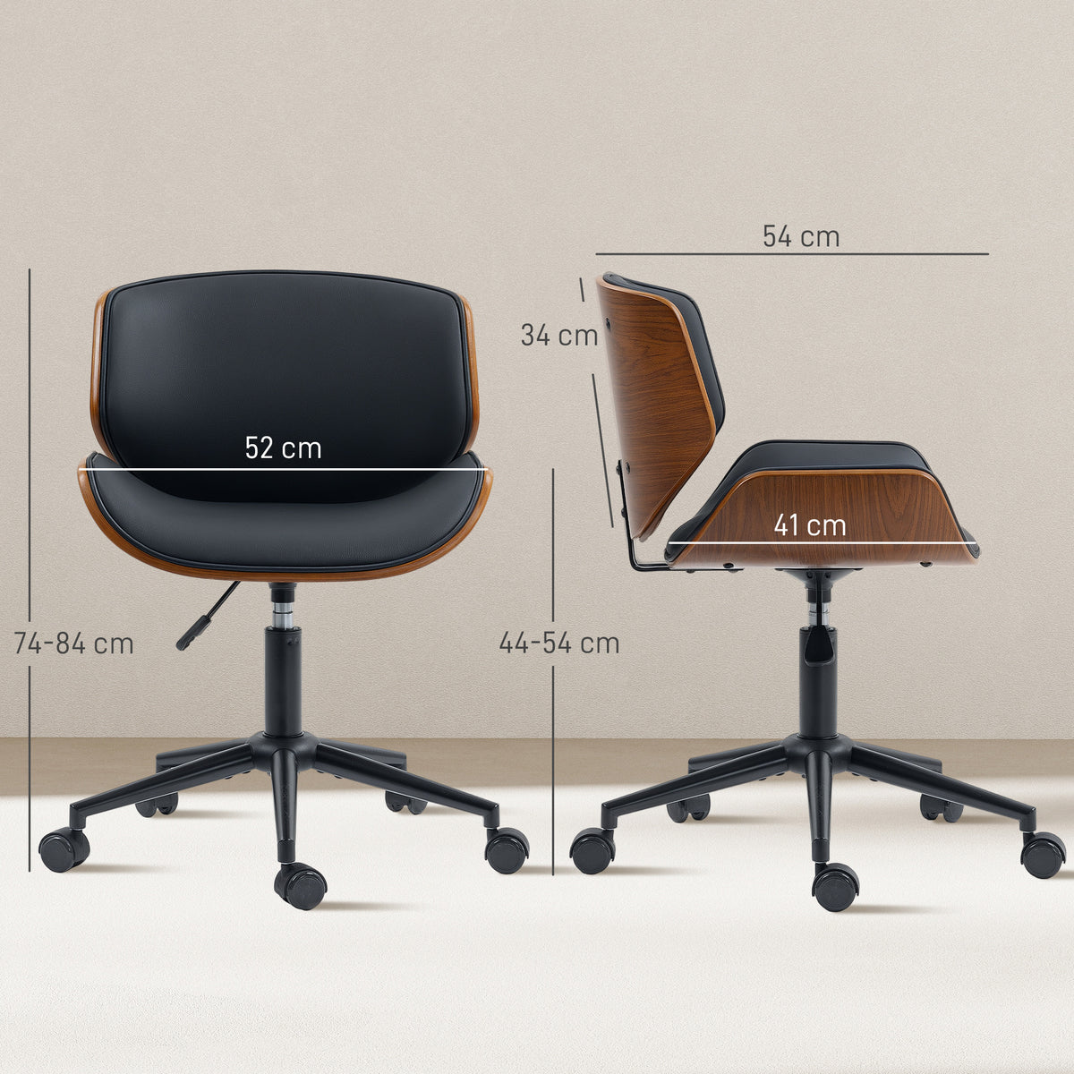 Chaise de bureau sans accoudoirs, fauteuil de bureau ergonomique, hauteur réglable et pivotant 360°, 52x54x84cm, noir-2
