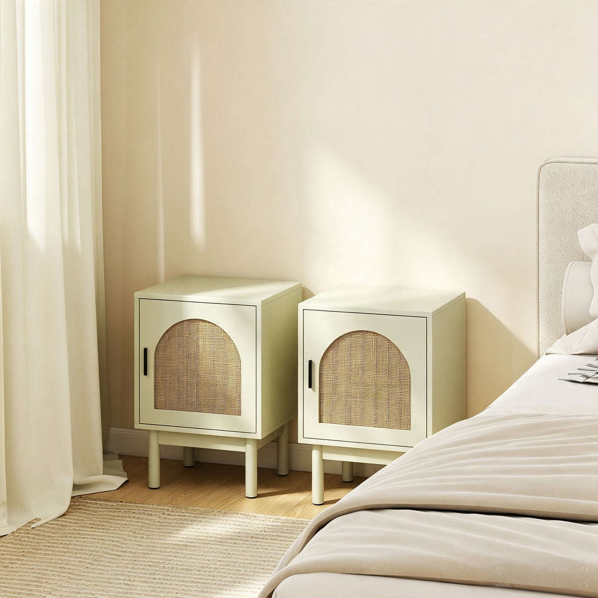 Lot de 2 tables de chevet, table de nuit avec porte en résine tressée, étagère réglable 40 x 35 x 58 cm, vert clair-1