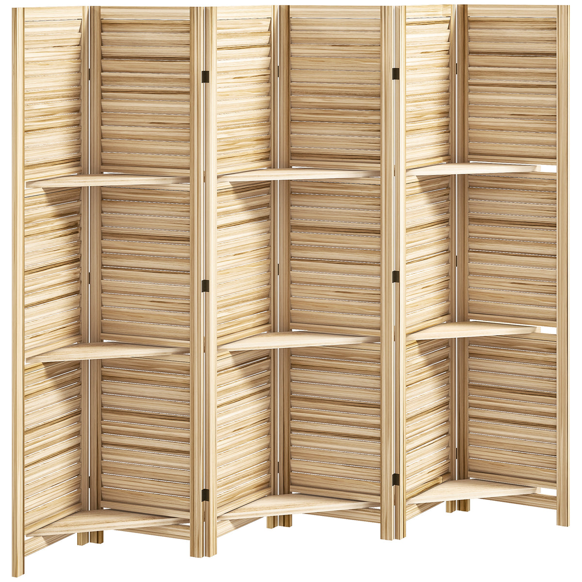 Paravent intérieur en bois 4 panneaux 160 x 170 cm, séparateur de pièce pliable 3 étagères, bois naturel effet brûlé-0