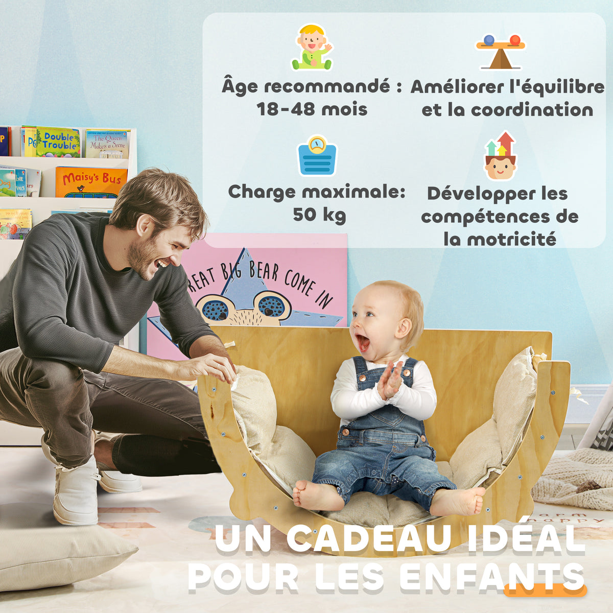 3 en 1 Arche d'escalade fauteuil à bascule et table de jeu coussin, en bois naturel, pour enfants de 18 à 48 mois-6