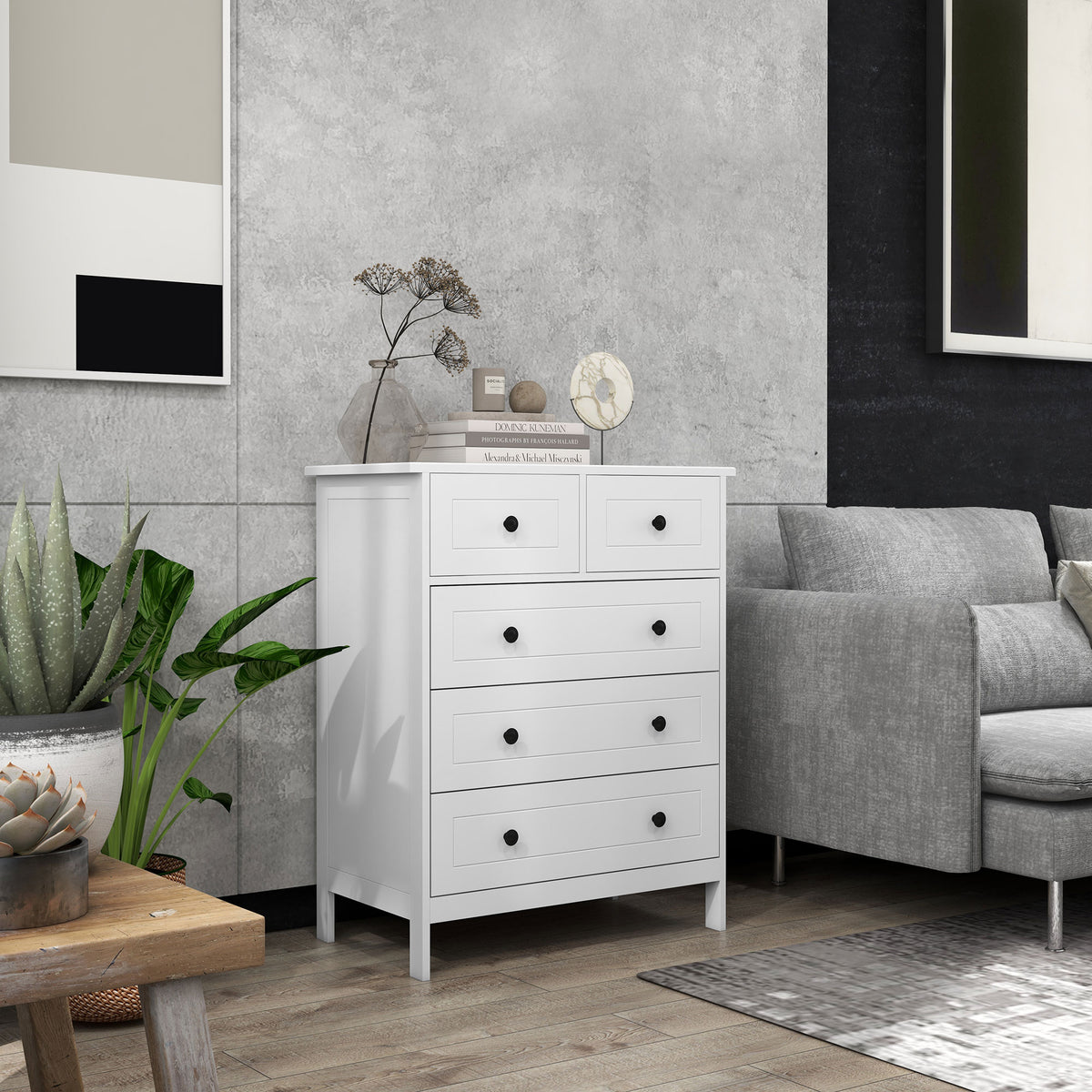 Commode meuble de rangement 5 tiroirs pour chambre, bureau, entrée, blanc et poignée métal noir-1