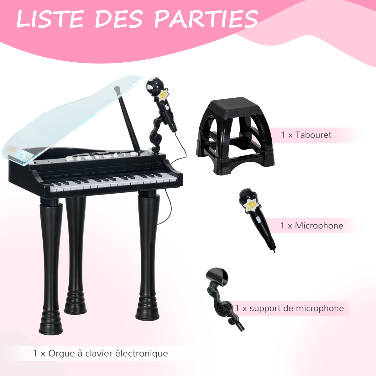 Piano enfant électronique 32 touches multifonctions avec micro haut parleur tabouret couvercle lumineux LED noir-8