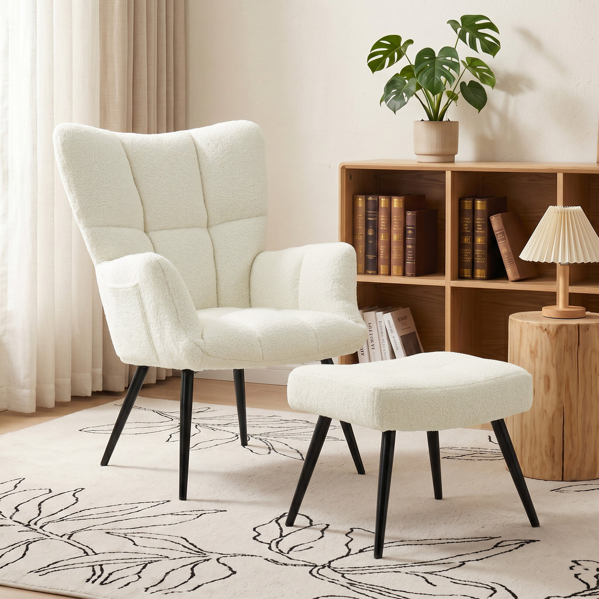 Fauteuil de Salon avec Repose-Pied, Fauteuil d'Appoint Capitonné en Peluche Teddy, Dossier Haut, Poches Latérales, Beige-1