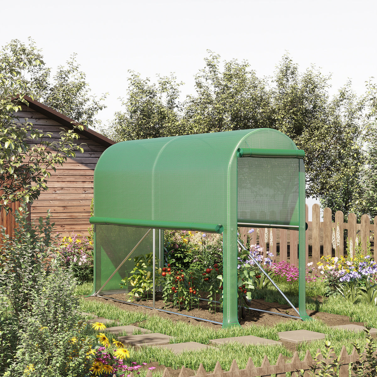 Serre de jardin PE, serre de balcon, bâche renforcée 140 g/m², châssis en acier, porte zippée enroulable, pour légumes plantes fleurs, intérieur et extérieur, 300 x 100 x 200 cm, vert-9