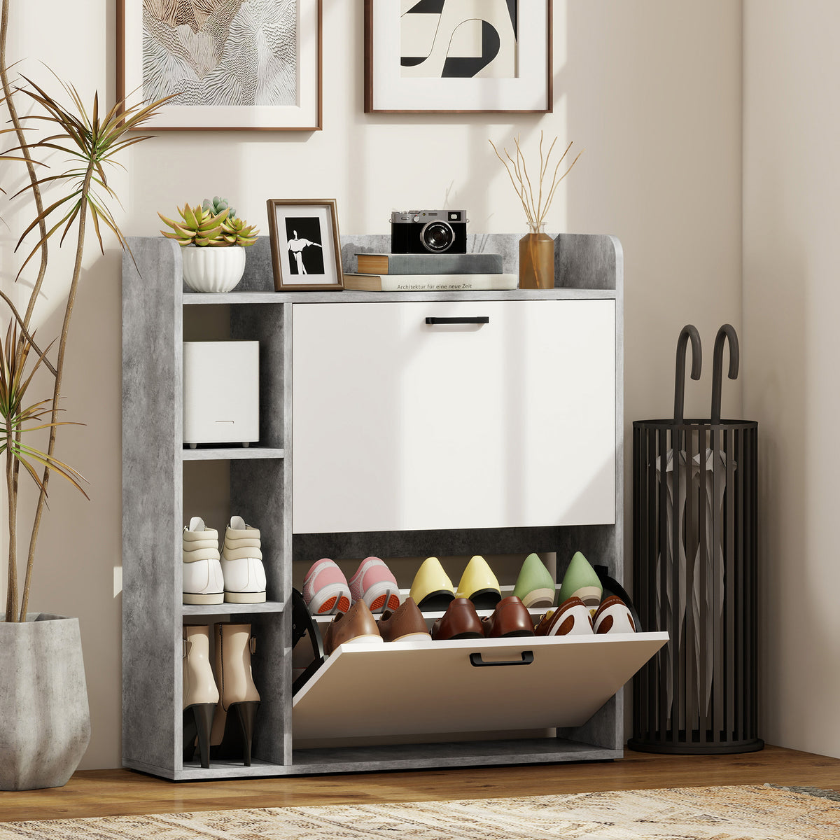 Meuble à chaussures 15 paires, armoire à chaussures moderne avec 2 tiroirs rabattables, 83x24x90,5cm, blanc et gris-1