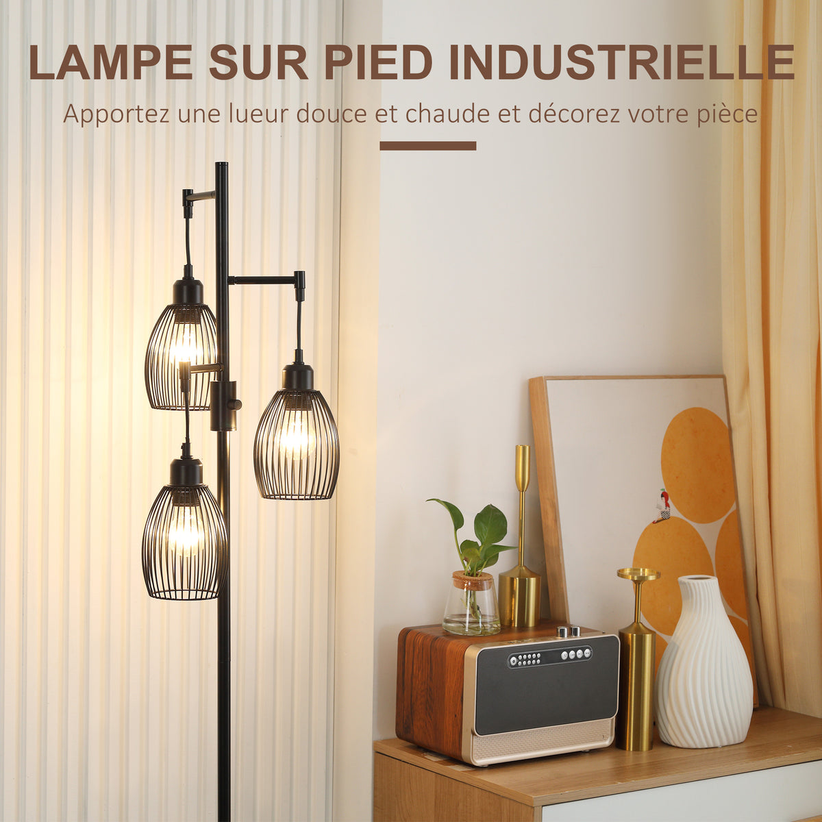 Lampadaire style industriel 40 W max. 3 abat-jours en métal filaire luminosité réglable - ampoule E27 - noir-4
