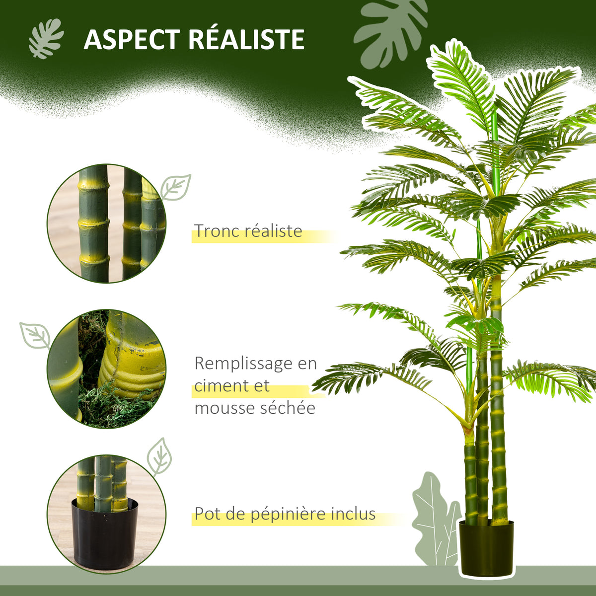 Palmier areca artificiel arbre artificiel hauteur 190 cm avec 30 grandes feuilles en plastique pot inclus-3