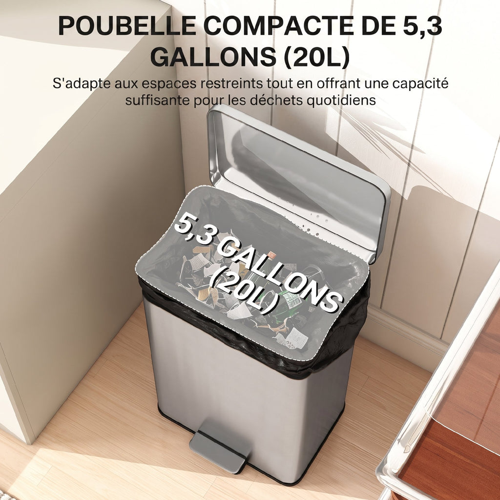 Poubelle de Cuisine 20 L en Acier Inoxydable, Poubelle avec Pédale, Couvercle à Fermeture Douce, Argenté-3