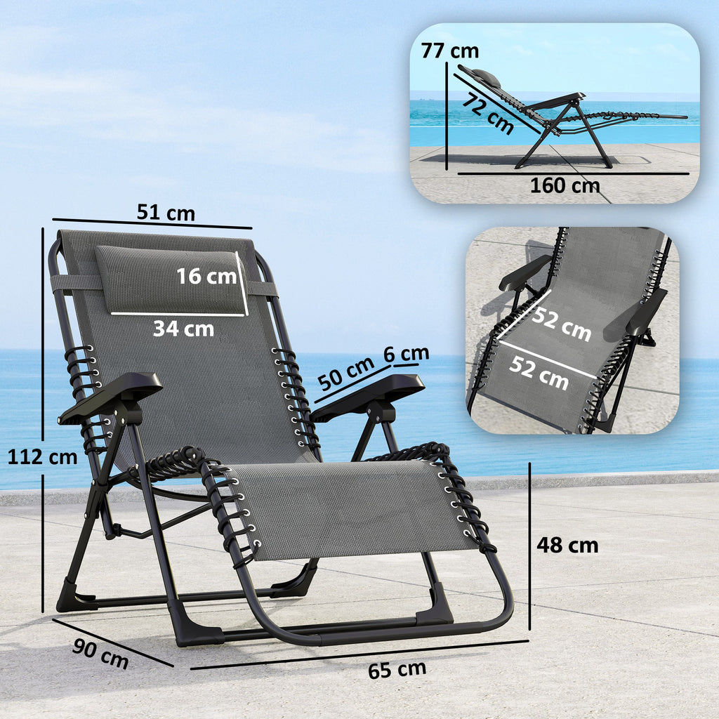 Lot de 2 bain de soleil, chaise longue pliante inclinable avec appuie-tête en textilène, 90 x 65 x 112 cm, gris-2