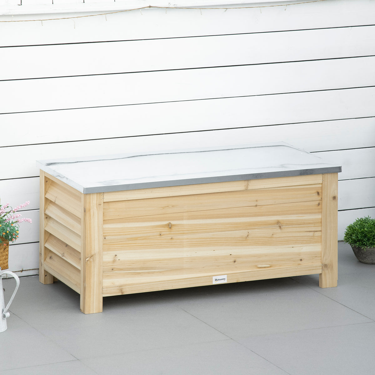 Coffre de jardin en bois et couvercle en métal galvanisé 155L avec vérins - 110 x 50 x 50 cm-1