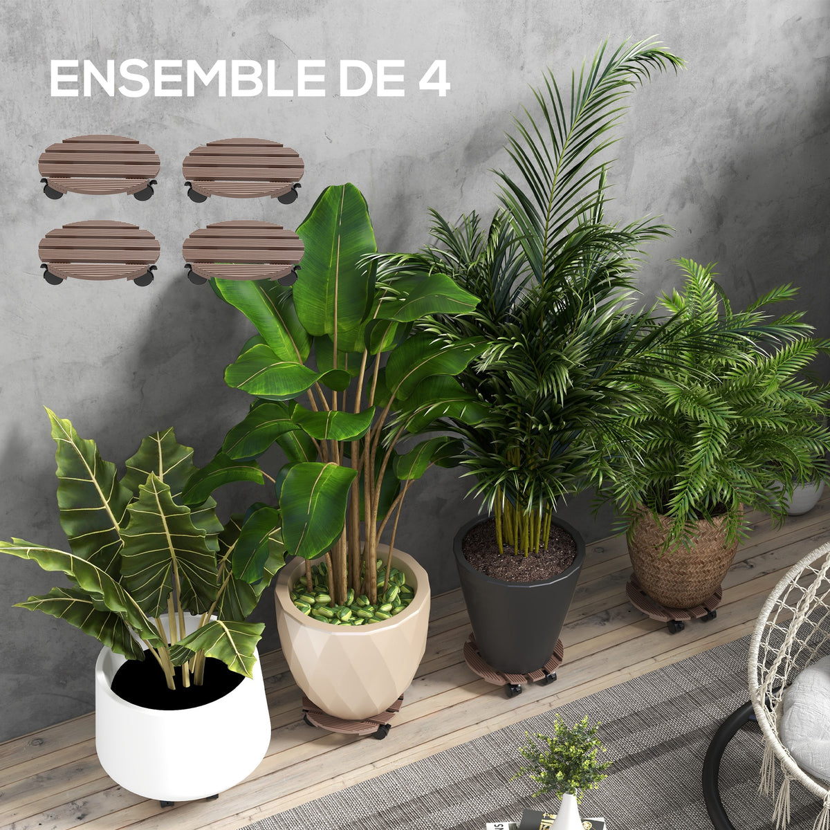Lot de 4 supports ronds Ø30 cm pour plantes - porte plante à roulettes, intérieur et extérieur-3