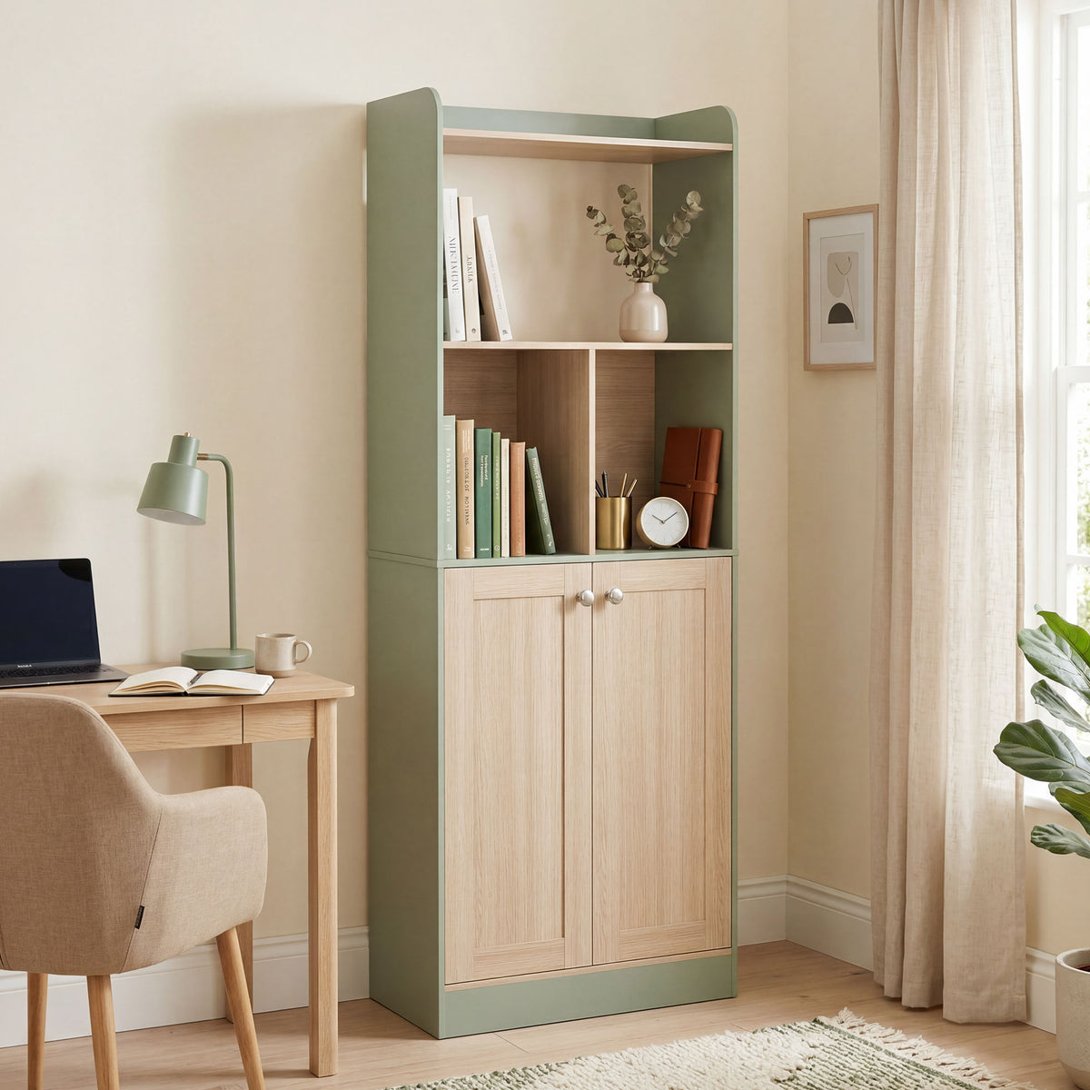 Bibliothèque à 5 niveaux, meuble de rangement, étagère à livres avec 2 portes, 60 x 30 x 161,2 cm vert et bois naturel-1