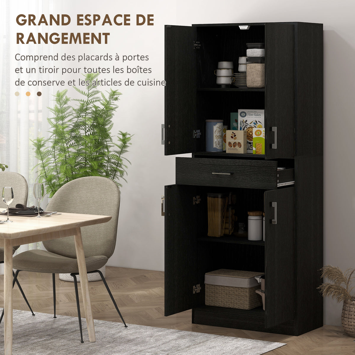 Buffet haut armoire de cuisine 4 portes 2 placards et 1 tiroir central hauteur 180 cm avec 2 étagères réglables noir-3