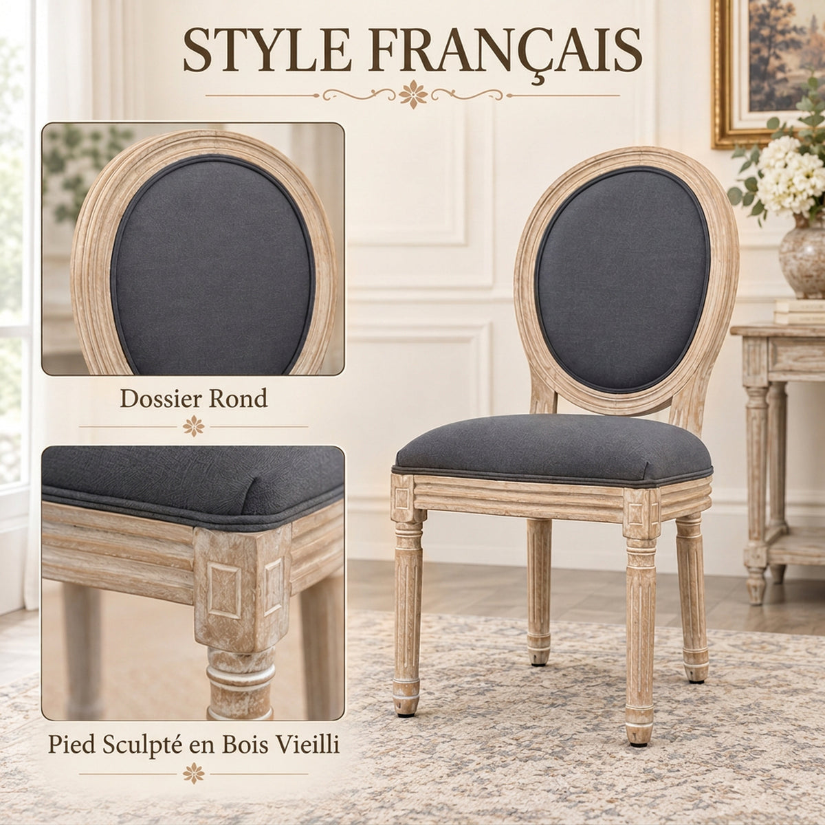 Lot de 2 Chaises de Salle à Manger, Chaises Médaillon Style Louis XVI, Assise et Dossier Rembourrés en Effet Lin, Gris-3