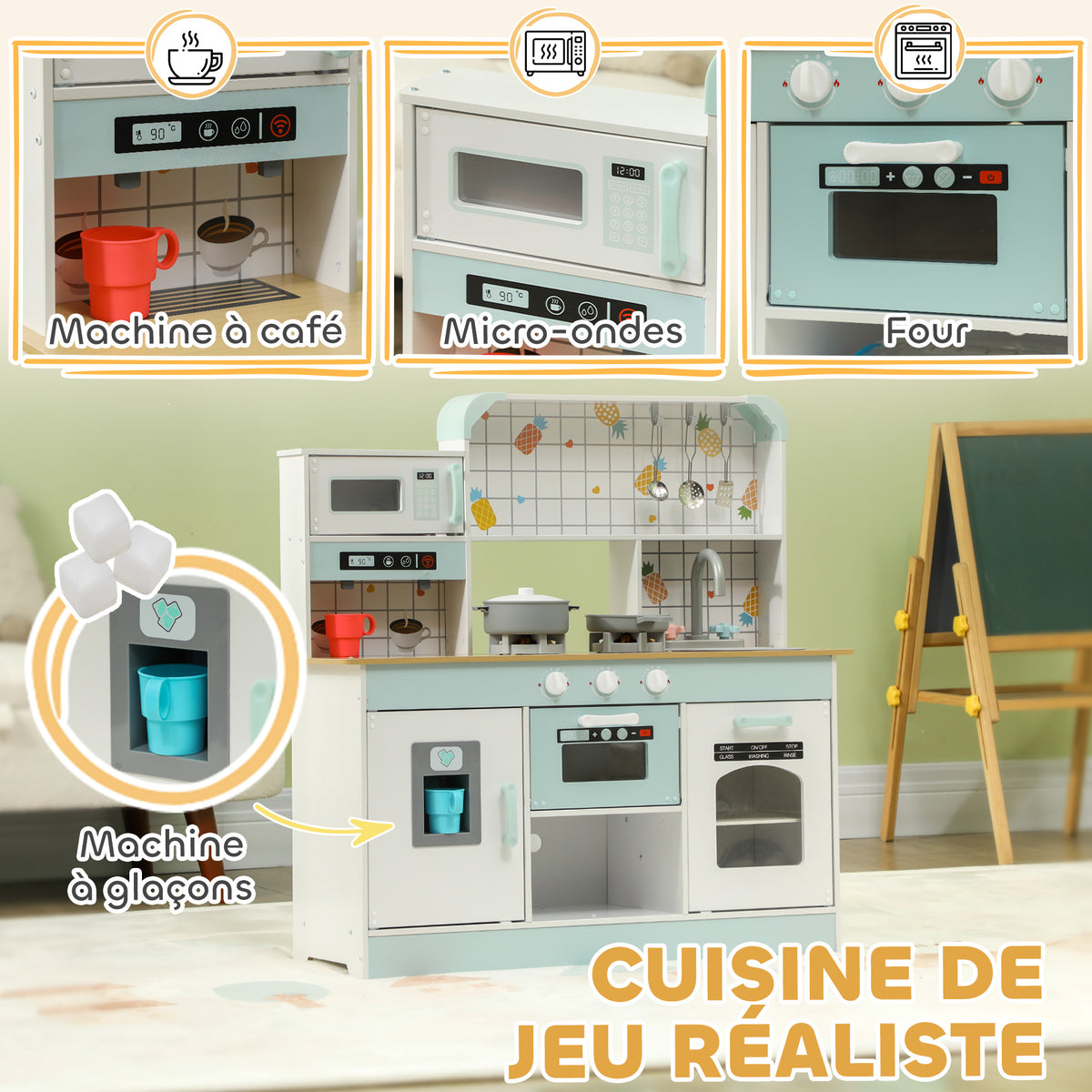 Cuisine enfant jouet d'imitation, dinette enfant avec lumières et sons réalistes, 88,6 x 31,7 x 90,4 cm, blanc-4