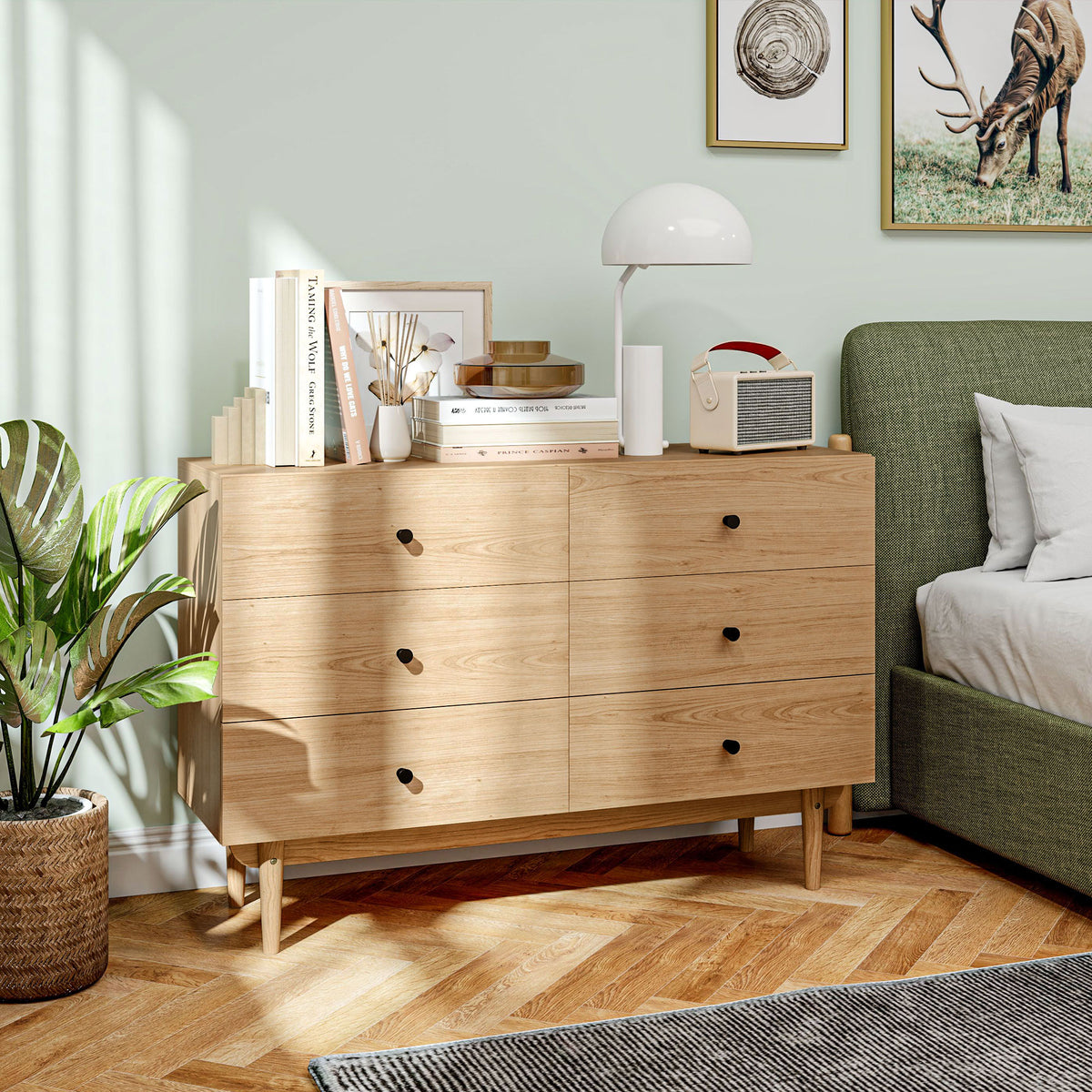 Commode 6 tiroirs meuble de rangement pieds en bois massif 120 x 40 x 80 cm marron clair-1