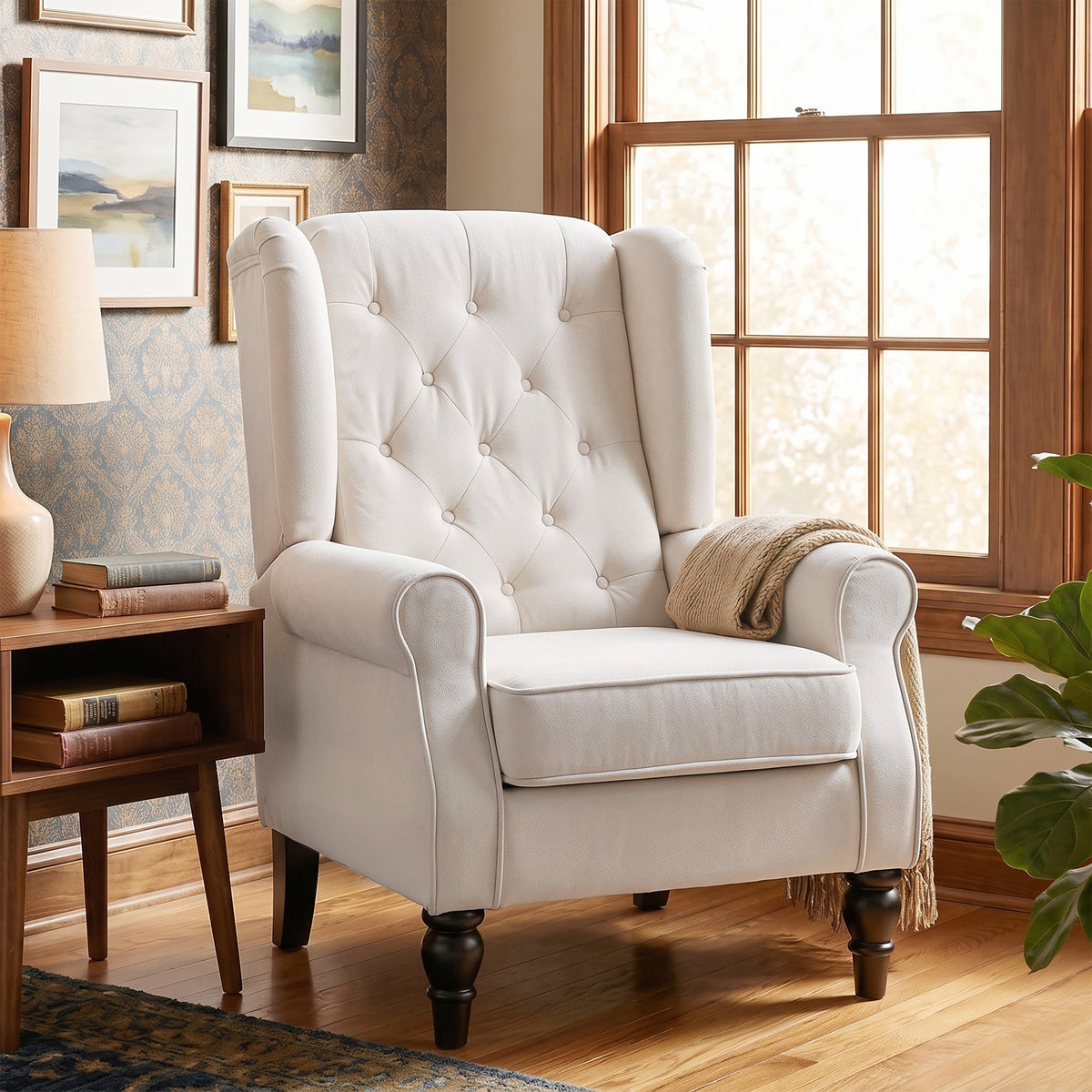 Fauteuil de Salon, Fauteuil d'Appoint Mi-Siècle Moderne en Flanelle Neige avec Haut Dossier Capitonné à Oreilles, Crème-7