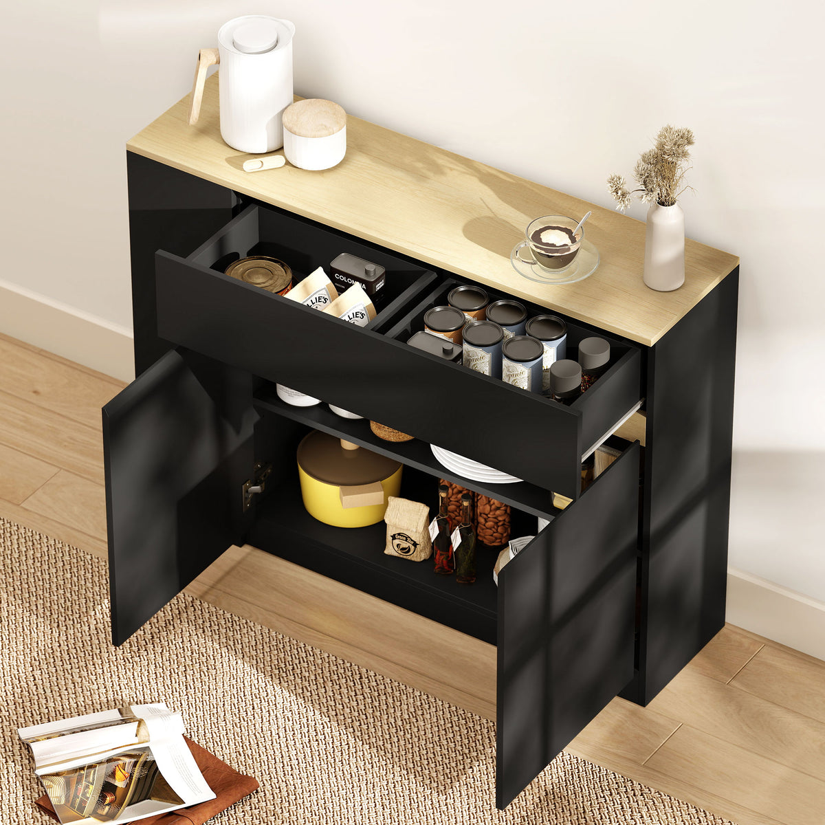 Buffet meuble de rangement avec 2 tiroirs 3 étagères ouvertes et placard 2 portes 110 x 29,5 x 82 cm noir-8