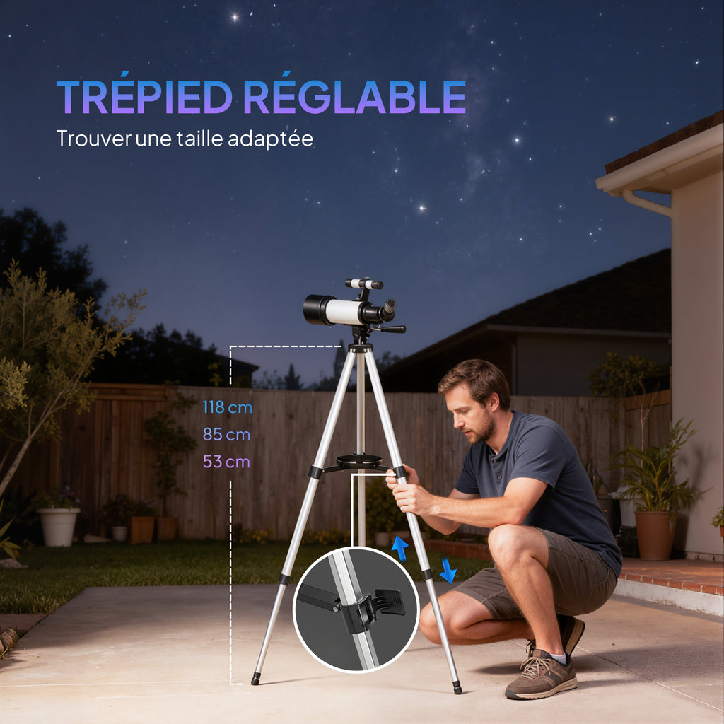 Télescope astronomique adultes et débutants 70 mm, télescope réfracteur 40X/16X trépied réglable, 80 x 80 x 135 cm blanc-5