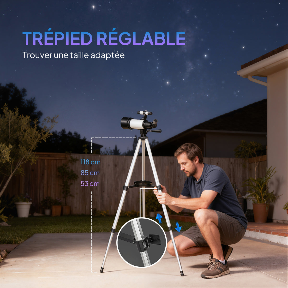 Télescope astronomique adultes et débutants 70 mm, télescope réfracteur 40X/16X trépied réglable, 80 x 80 x 135 cm blanc-5