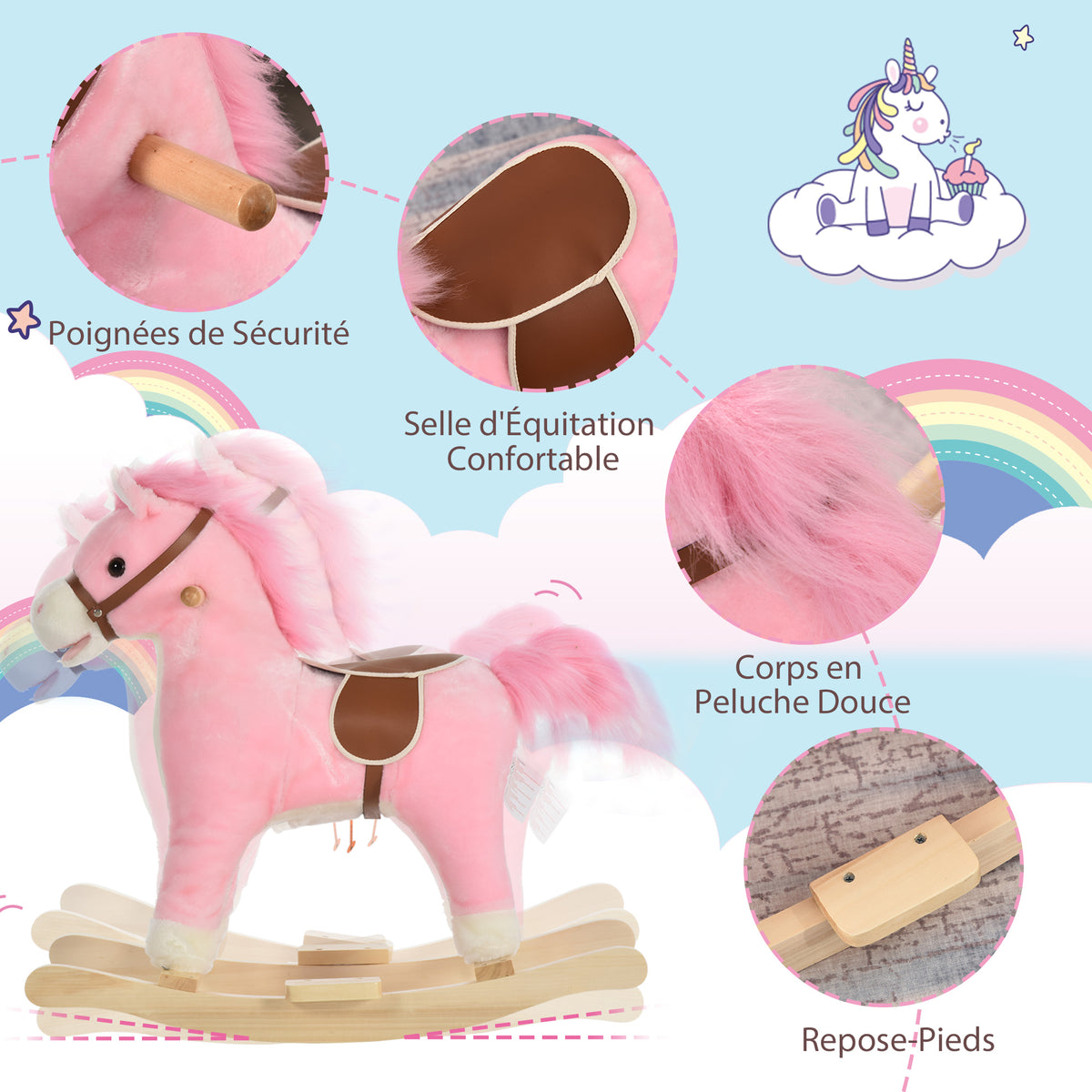 Cheval à Bascule Selle Grand Confort Peluche Courte Douce Bois peuplier Rose dim. 65L x 32,5l x 61H cm-3