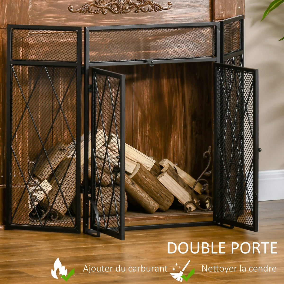 Grille de protection pour cheminée 120 x 79 cm - pare-feu pour cheminée ou poêle - pare-étincelles - barrière de sécurité - 3 volets pliables et porte - métal noir-5