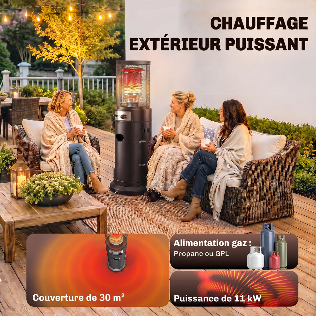 Parasol Chauffant Gaz 11 kW 30 m² Roulettes, Réglage Continu, Grille de Protection, Anti-surchauffe, 52x46x137cm, Noir-3