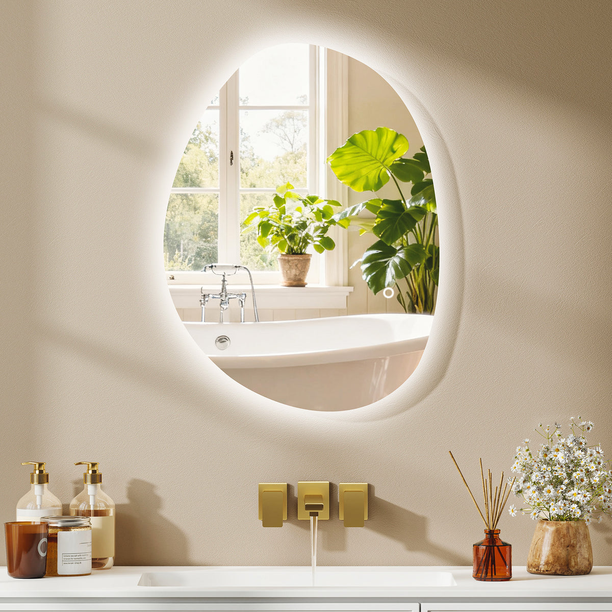 Miroir de Salle de Bain Asymétrique LED 70 x 50 cm - 3 couleurs, anti-buée, montage mural avec interrupteur tactile-1