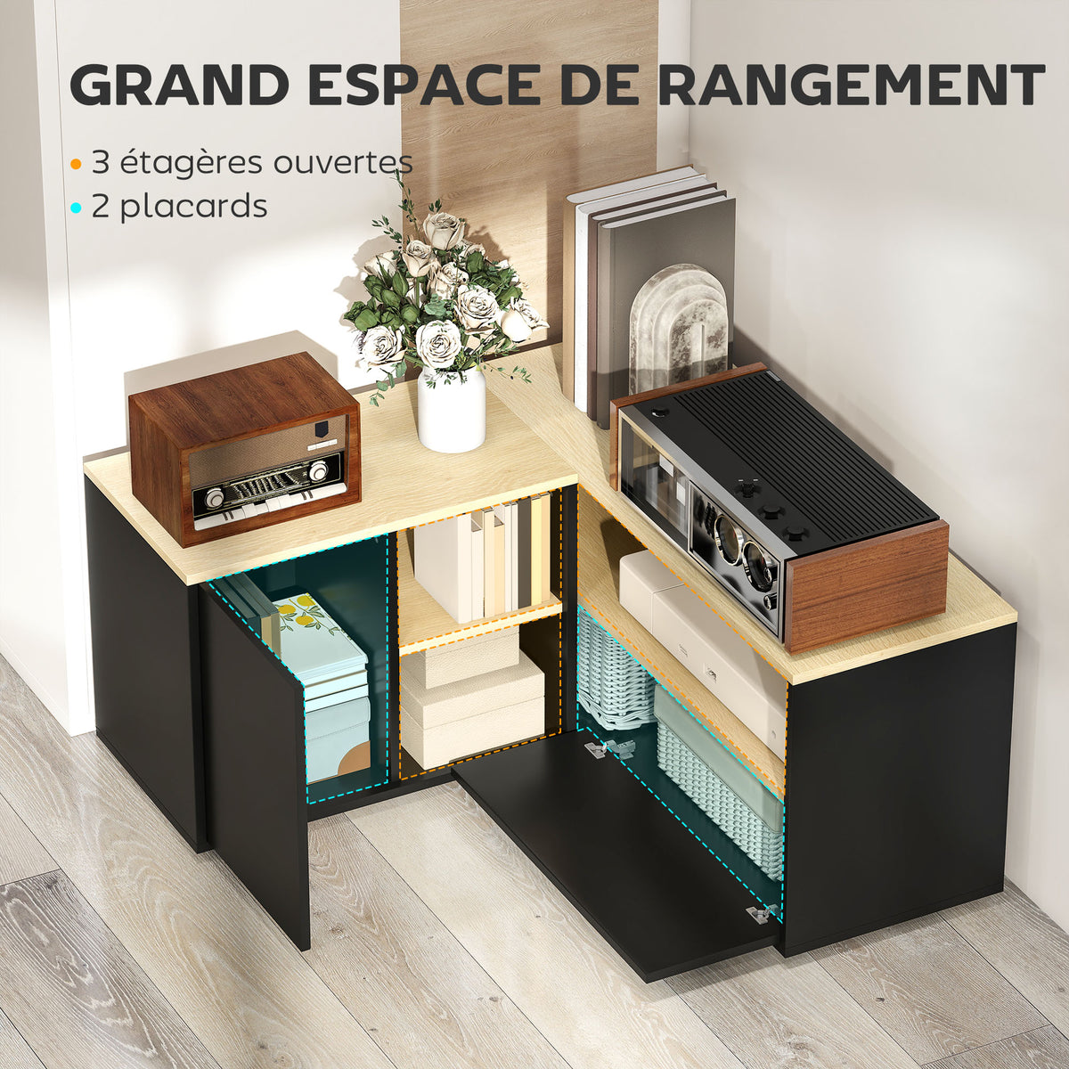 Meuble TV d'angle banc télévision jusqu'à 40 pouces avec 2 placards et 3 niches 90 x 90 x 45 cm chêne et noir-4