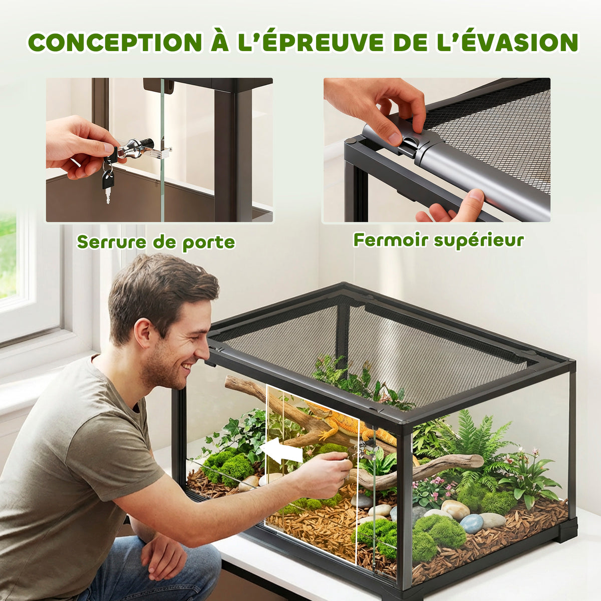 Terrarium en verre pour reptile enclos pour hamster 86 L ventilation supérieure porte coulissante 50,8x30,5x35,6cm noir-3