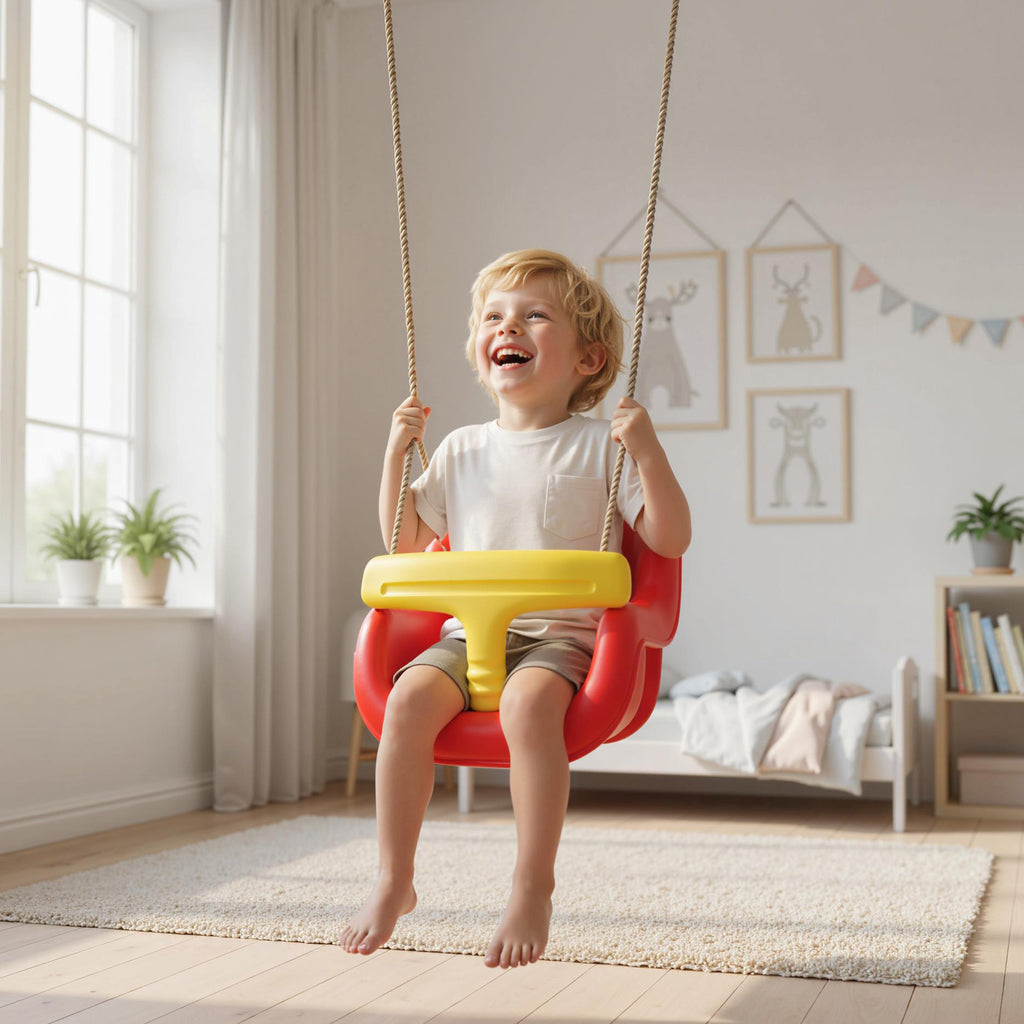 Balançoire pour enfants, balançoire bébé extérieure, dossier haut, barre de sécurité, hauteur ajustable, rouge et jaune-9
