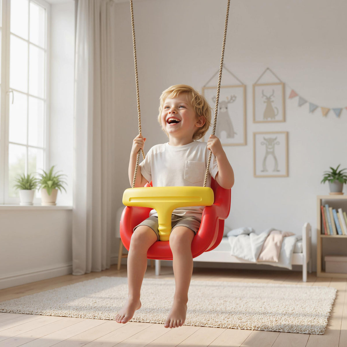 Balançoire pour enfants, balançoire bébé extérieure, dossier haut, barre de sécurité, hauteur ajustable, rouge et jaune-9