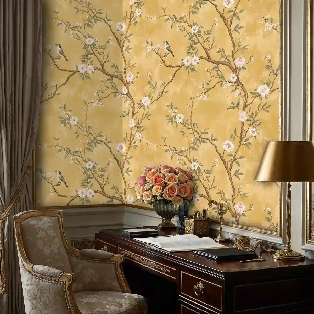 Papier peint chinoiserie oiseaux chanteurs sur branches fleuries
