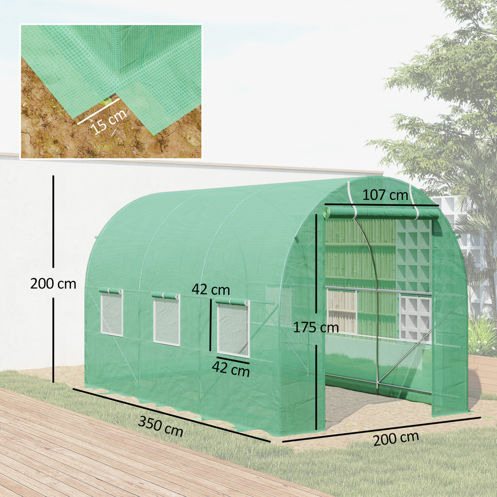 Serre de Jardin Tunnel Surface Sol 7m² 3,5L x 2l x 2H m châssis Tubulaire renforcé Porte zippée 6 fenêtres enroulables Vert-2