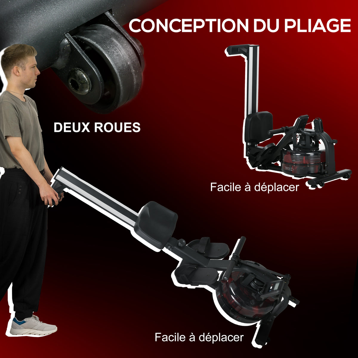 Rameur à eau d'appartement rameur d'appartement pliable 6 niveaux de résistance écran LCD multifonction acier PC noir-5
