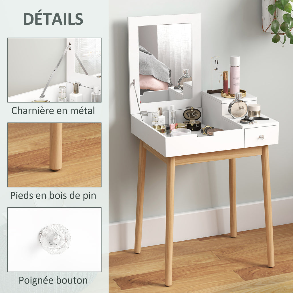 Coiffeuse avec miroir table de maquillage style moderne - 2 tiroirs, miroir rabattable pour chambre à coucher, salon, 60 x 50 x 85,5 cm blanc-5