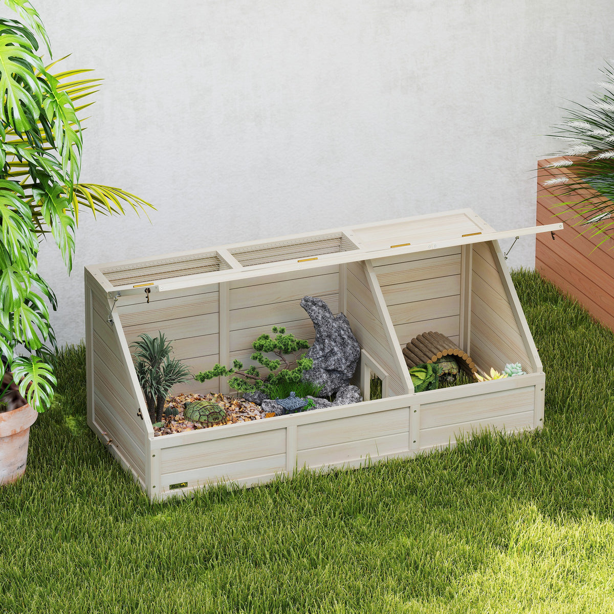 Maison enclos cage pour petit animal tortue en bois avec couvercle ouvrable, loquets, 2 espaces distincts, bois naturel-1