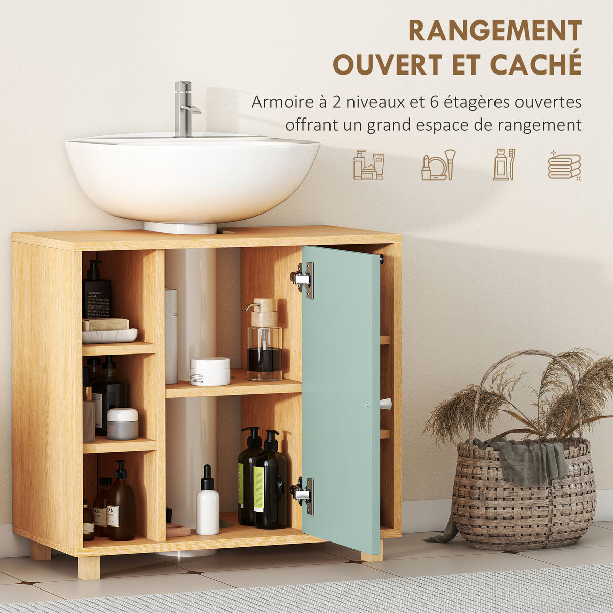 Meuble sous lavabo, meuble de salle de bain avec 6 étagères ouvertes et porte à fermeture amortie 60 x 33 x 57 cm, vert-4
