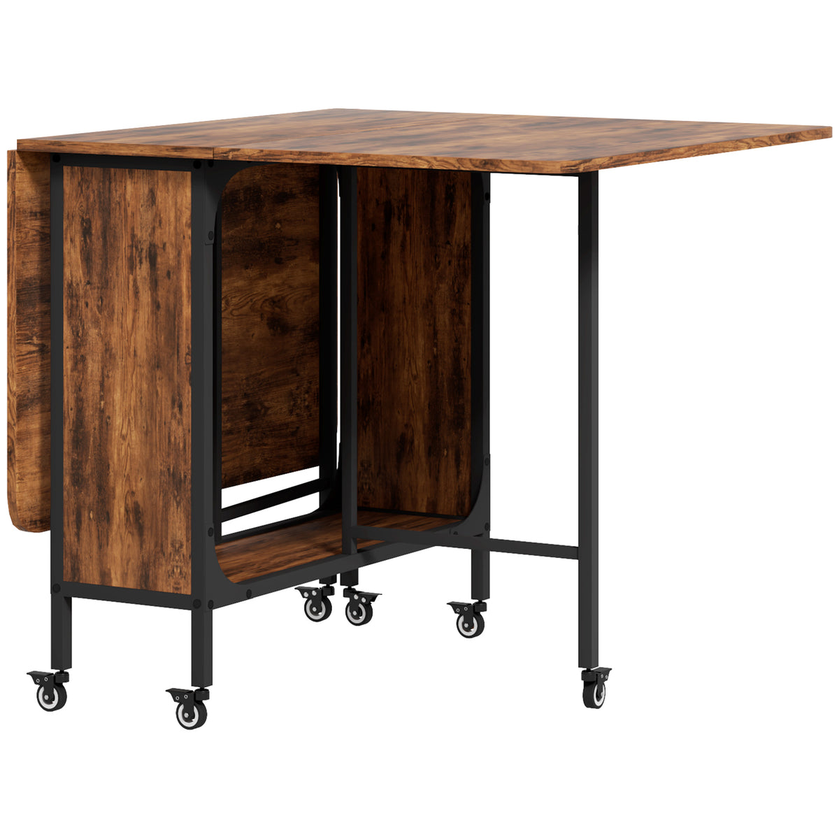 Table pliante de cuisine extensible salle à manger sur roulettes jusqu'à 6 personnes étagère intégrée, 6 roues, Marron-0