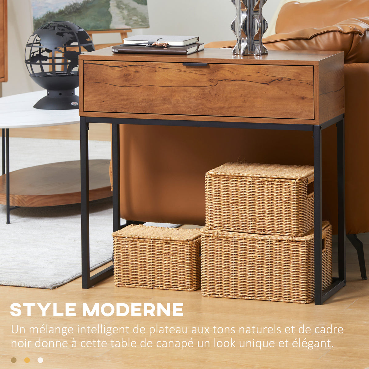 Console meuble, table console avec tiroir et pieds en acier, pour salon, entrée, couloir, 80 x 30 x 76 cm, marron-3