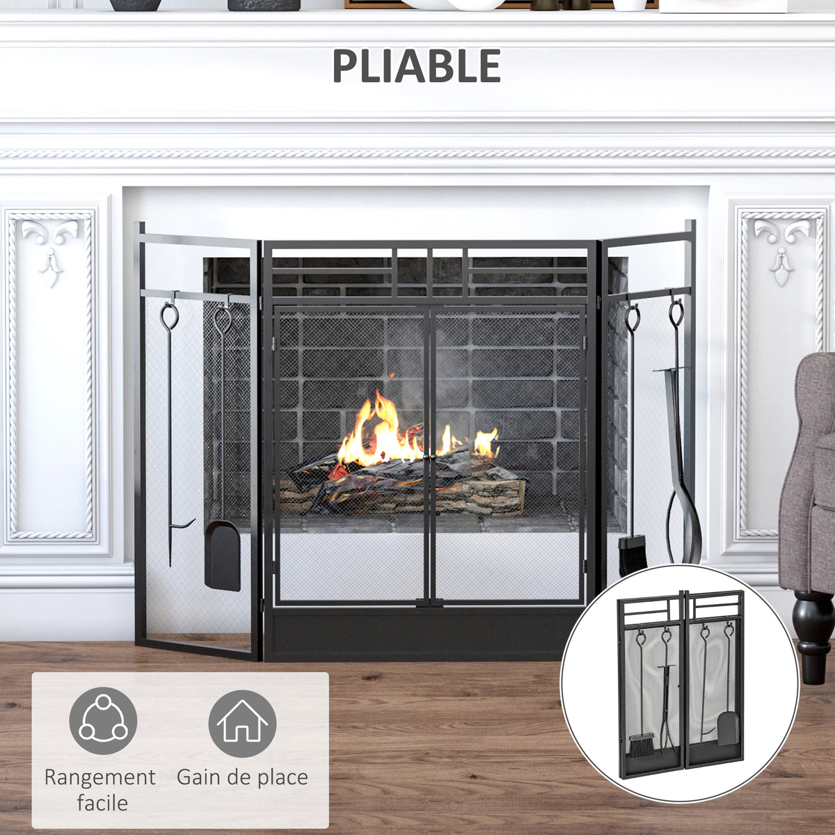 Pare-feu Large pour cheminée ou poêle - Pare-étincelles serviteur de cheminée 2 en 1 avec Accessoires - 3 Volets Pliables et Porte - Acier métal Noir-4