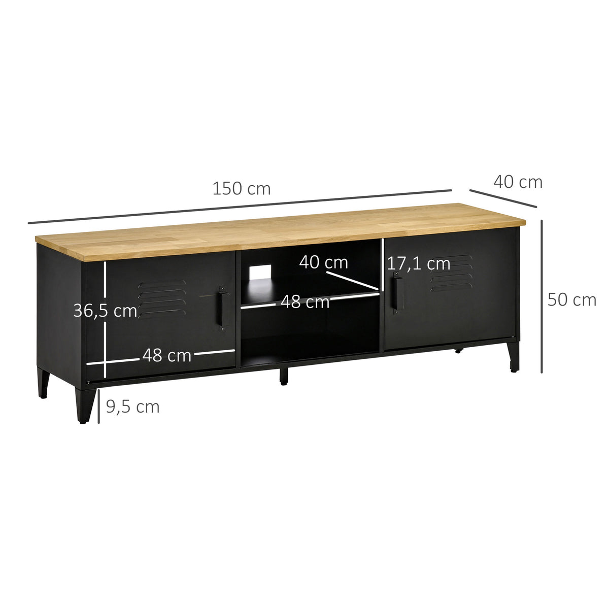 Meuble TV Banc TV pour téléviseurs de 55'' avec 2 Placards Pieds Réglables Cadre métalique noir Plateau en Bois Naturel 150 x 40 x 50 cm-2