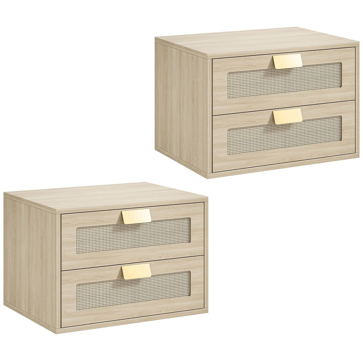 Lot de 2 Tables de Chevet Murales, Tables de Nuit Suspendues avec 2 Tiroirs et Plateau à Effet Rotin, Chêne-0
