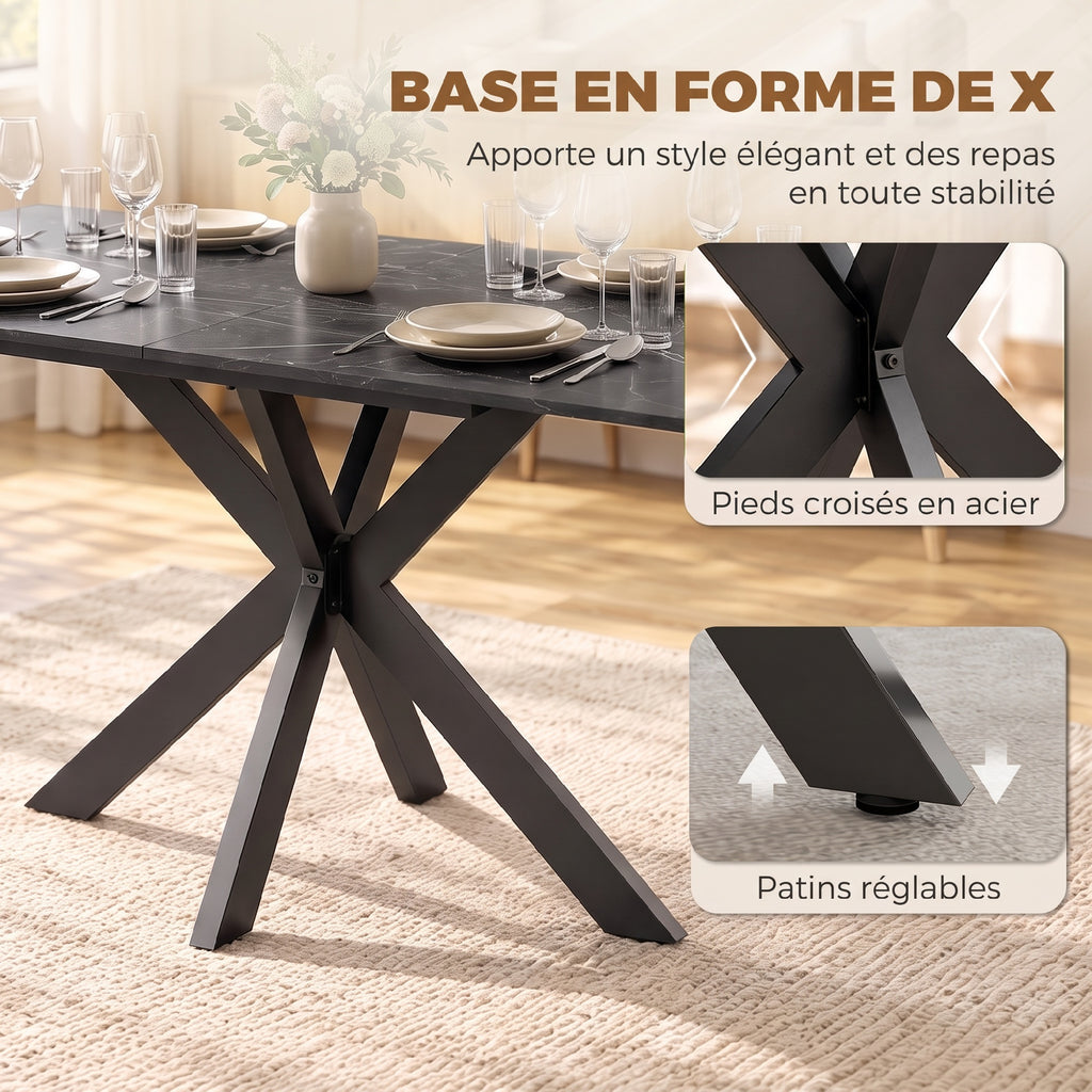 Table à Manger Extensible pour 4 à 8 Personnes, 120-160 cm, Plateau Effet Marbre, Pieds Croisés en Acier, Noir-6