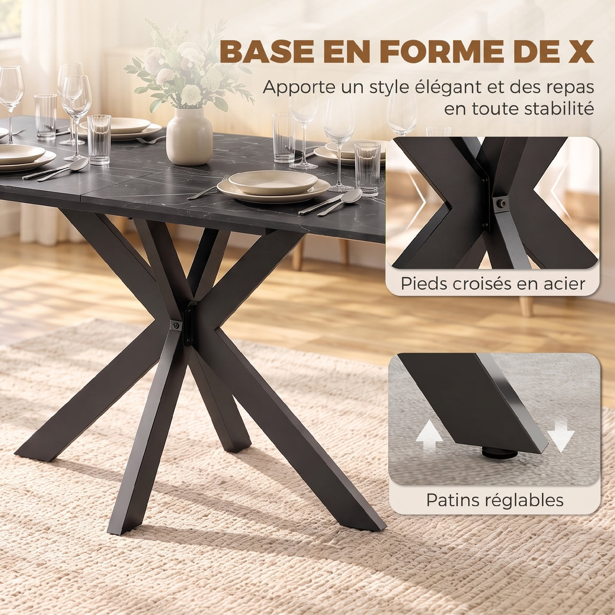 Table à Manger Extensible pour 4 à 8 Personnes, 120-160 cm, Plateau Effet Marbre, Pieds Croisés en Acier, Noir-6